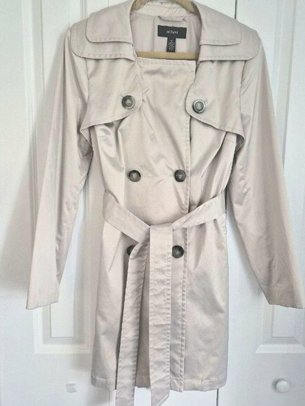 Alfani Cream Beige Trench Coat M Belted Double Breasted Lightweight Classic